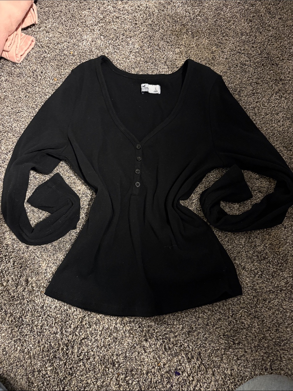 Hollister Black Ribbed V-Neck Henley Long Sleeve Top